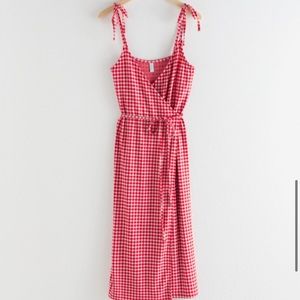 & Other Stories Red Gingham Midi Wrap Dress